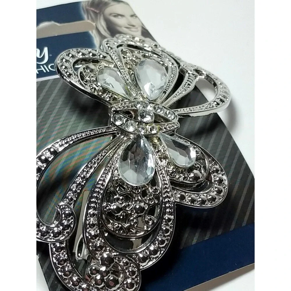 Goody Hair Barrette Fashionow Metal Butterfly Clip Faux Diamonds Gems Silver